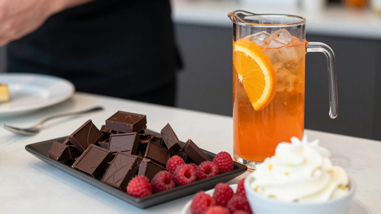 A self-service station with a pitcher of Aperol Spritz and a platter of chocolate and berries.