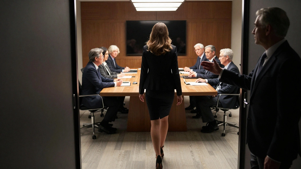 A senior leader introducing a professional woman into a high-level boardroom meeting.