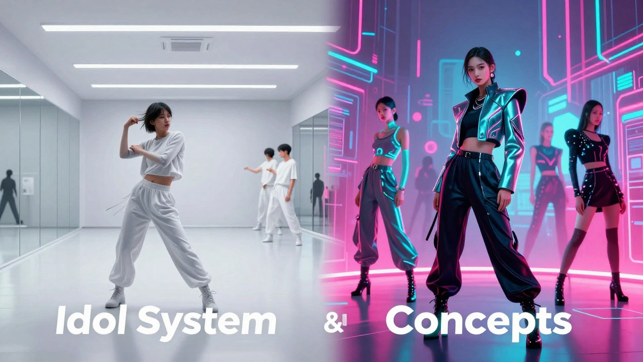 A split image showing a trainee in a dance studio and a futuristic cyberpunk stage