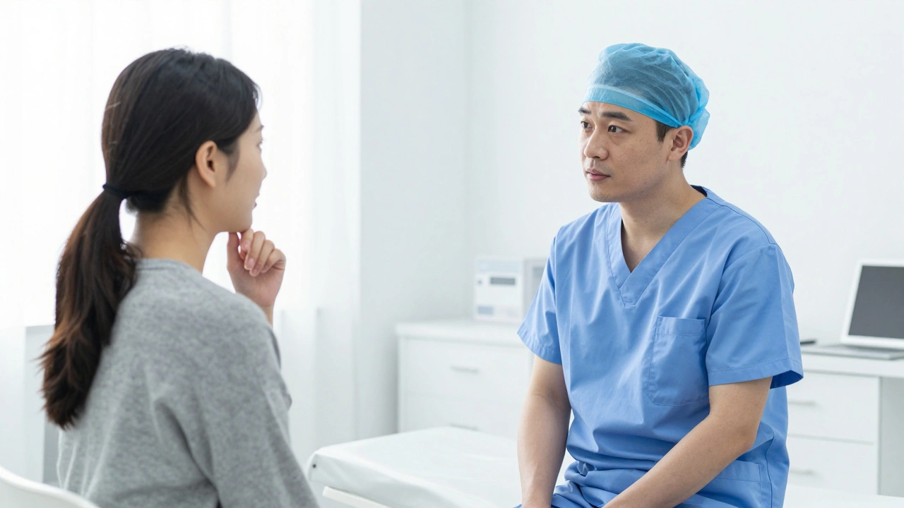 A woman having a professional and transparent consultation with a medical surgeon.