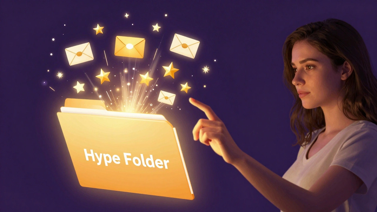 A woman interacting with a glowing holographic folder filled with positive achievements.