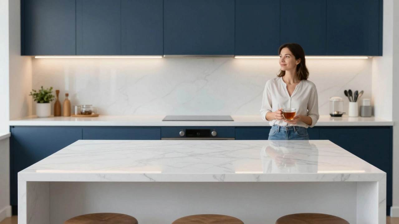 A woman relaxing in a clean, clutter-free kitchen with a clear marble island