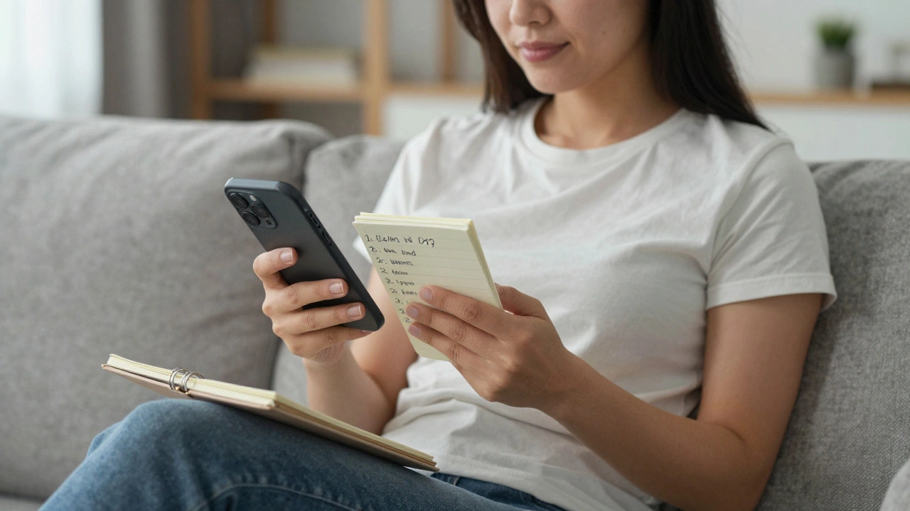 A woman reviewing her list of health questions on a notepad before a doctor's appointment.