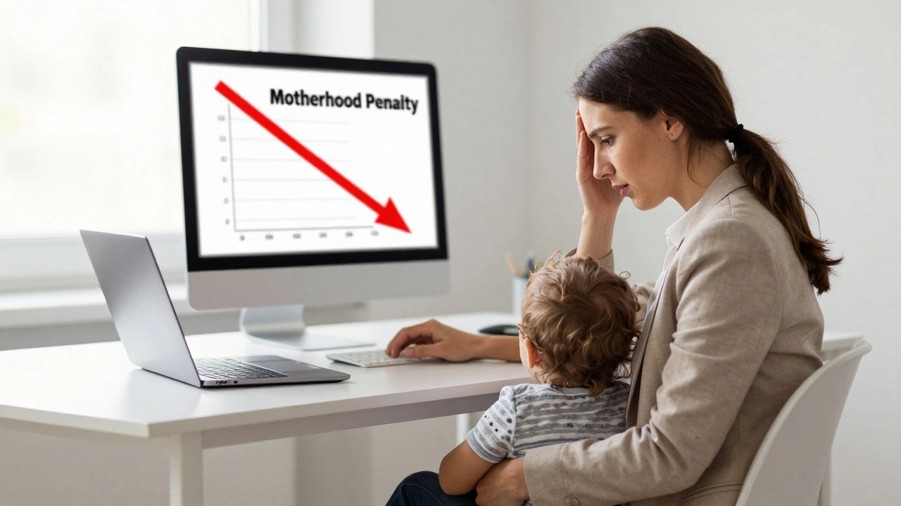 A working mother at her desk with a child, with a declining performance chart in the background.