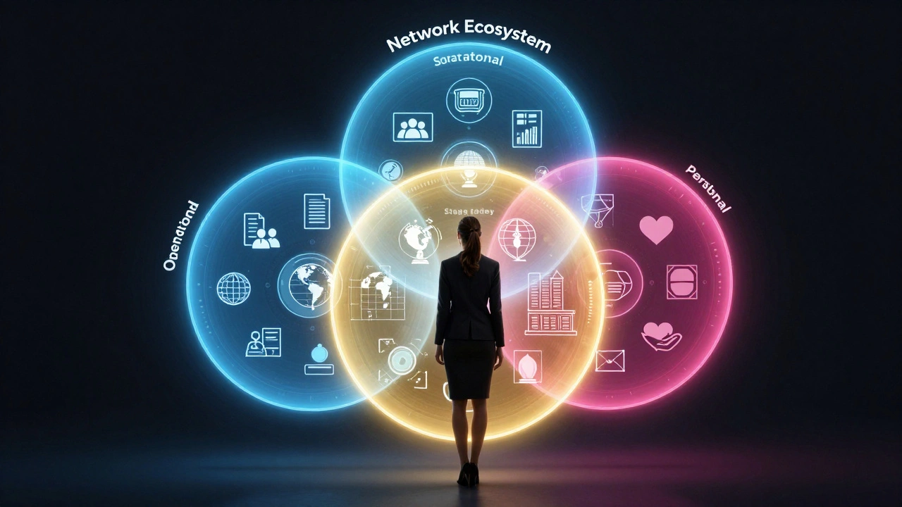 Abstract illustration of a woman centered within three glowing circles of professional networks.
