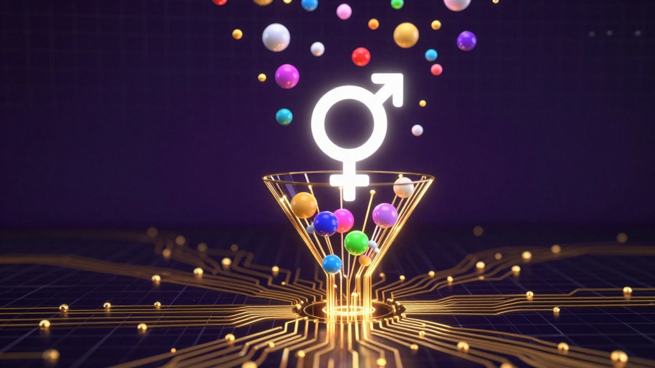 Abstract neural network filtering out female data points through a digital funnel.