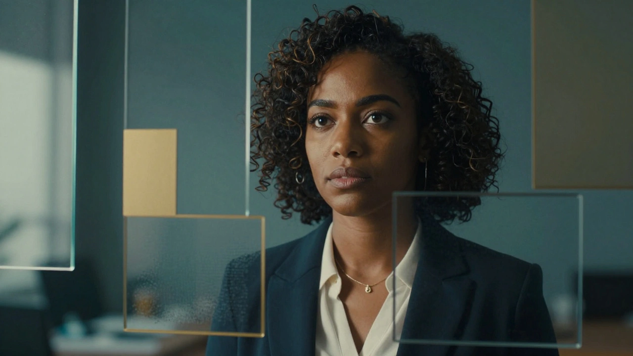 An artistic portrait of a woman of color seen through overlapping glass layers symbolizing systemic barriers.