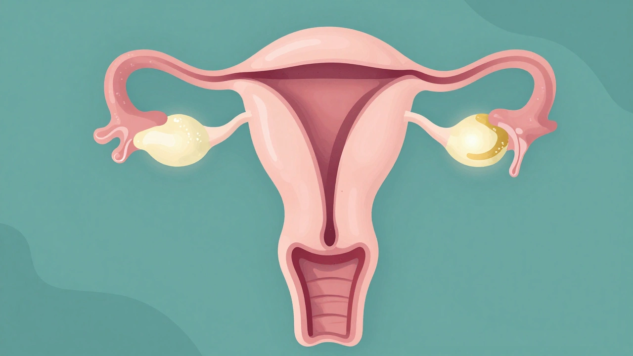 Artistic anatomical illustration of the female reproductive system in soft pink and teal tones.