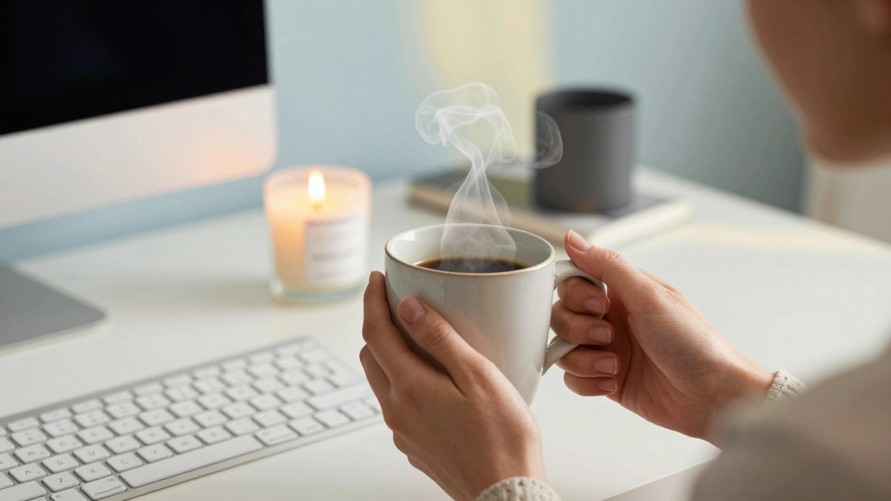 Close-up of a cozy home office with coffee, a candle, and sunlight, depicting sensory visualization