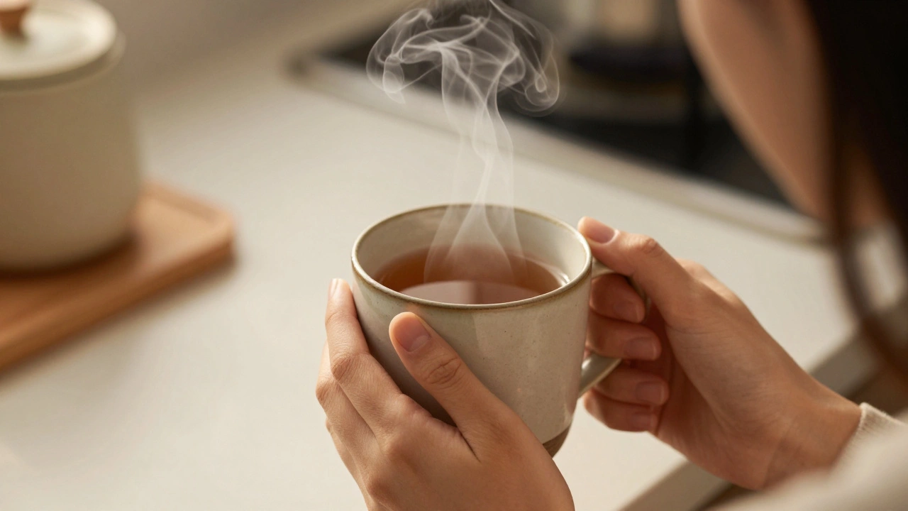 Close-up of a woman holding a steaming cup of tea during a mindful break.