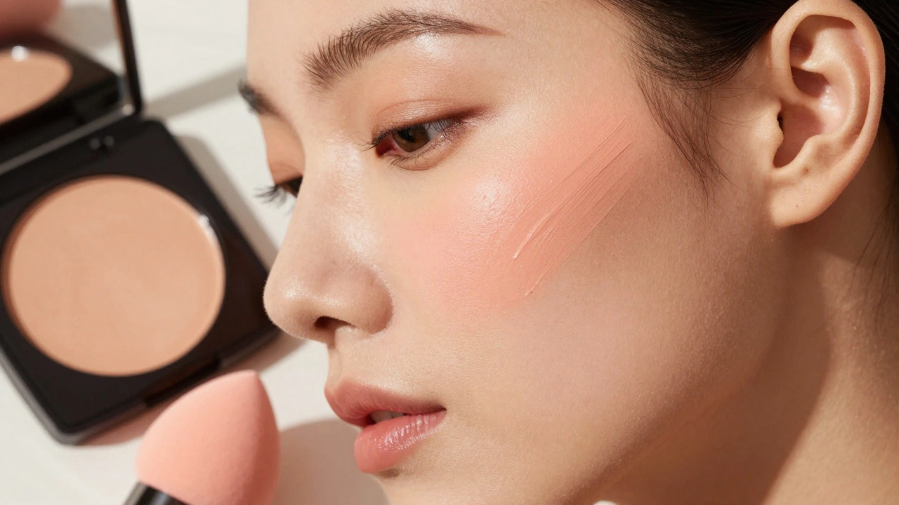 Close-up of cream blush applied high on the cheekbone for a lifting effect.