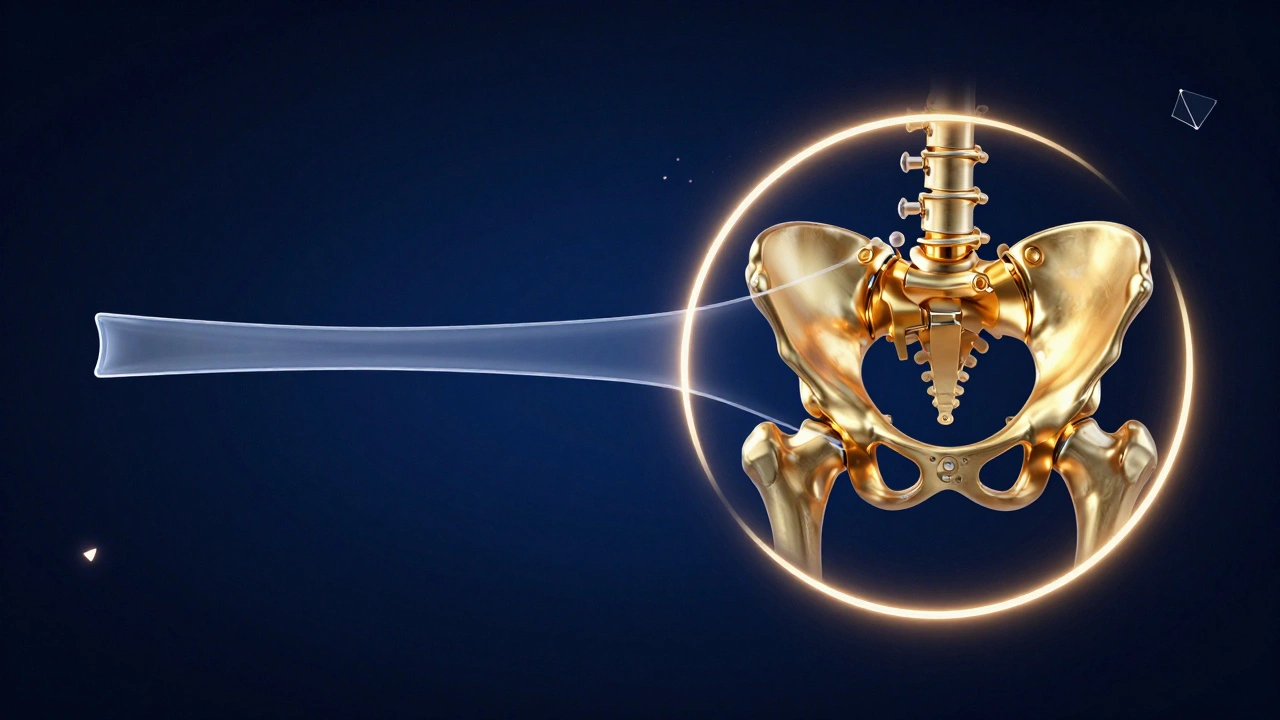 Conceptual art comparing a stretching rubber band with a glowing, mobile human hip joint.