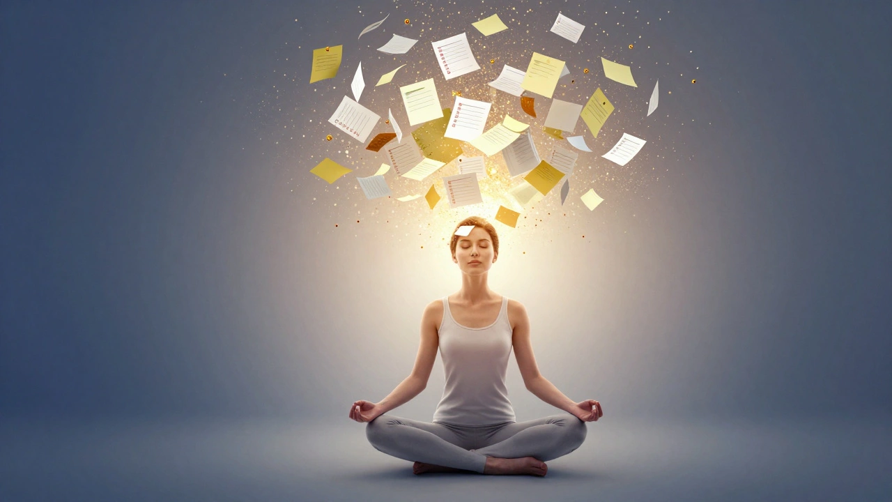 Conceptual art of a woman dissolving mental stress and checklists into golden light.