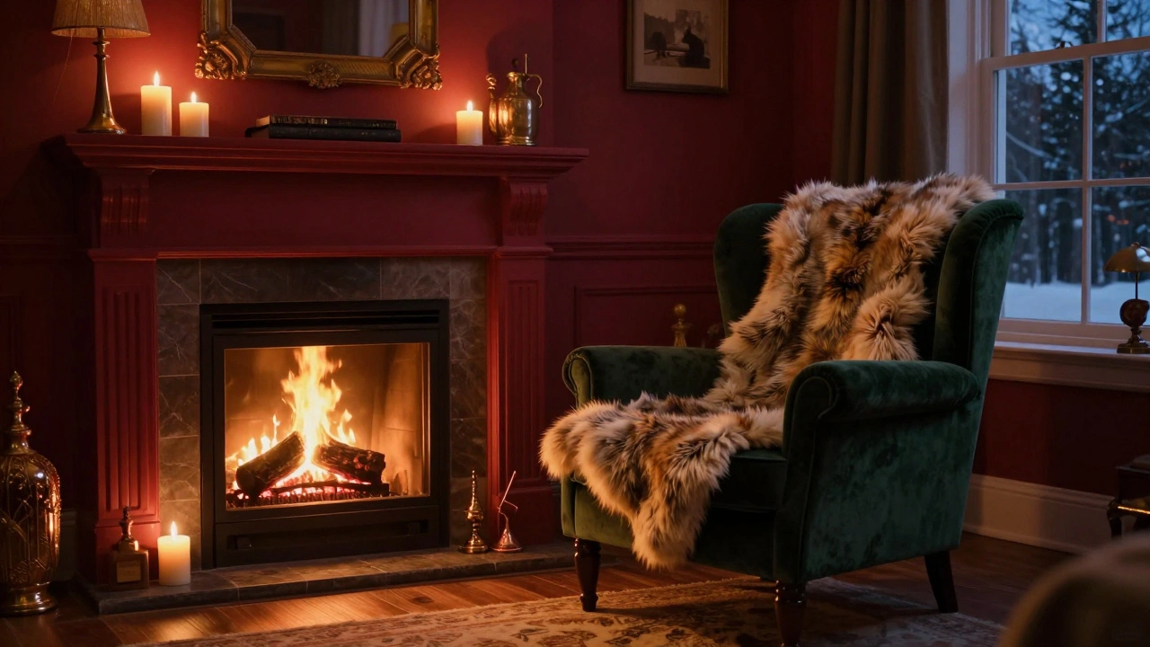 Cozy winter interior with a faux-fur throw, velvet chair, and warm candlelight by a fireplace