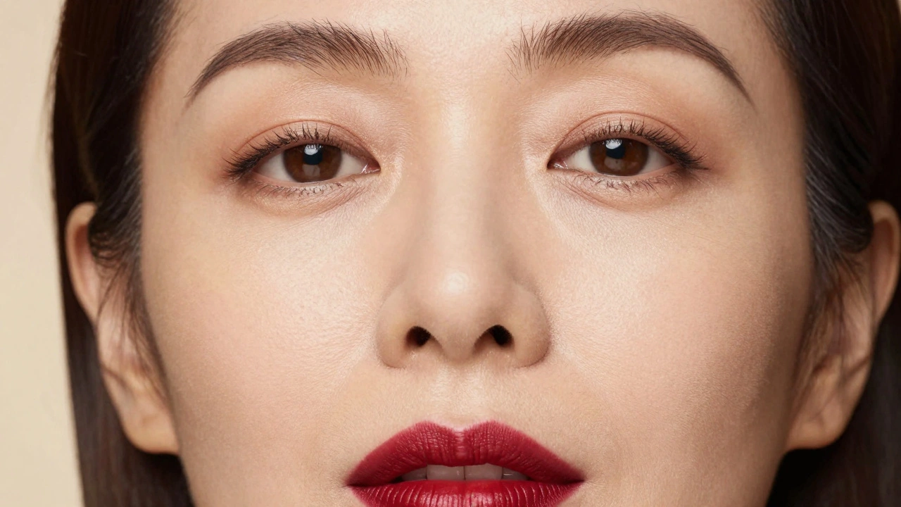 Detail of bright eyes with satin shadow and defined lips with creamy red lipstick.