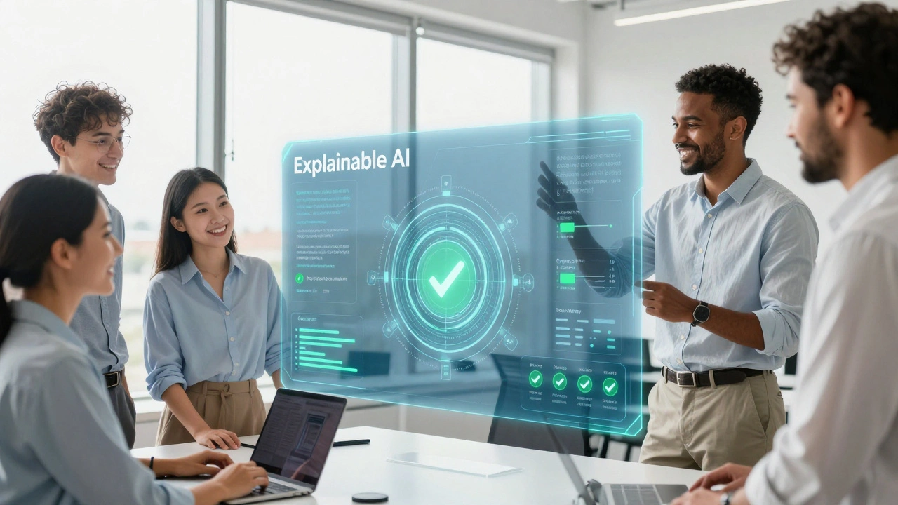 Diverse engineers collaborating to audit an AI model for fairness on a hologram.