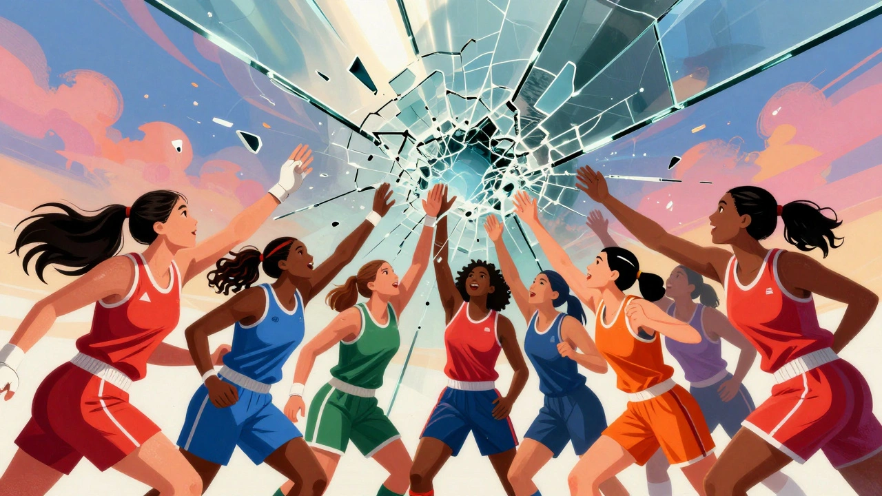 Diverse female athletes breaking through a glass ceiling toward a bright, hopeful sky.
