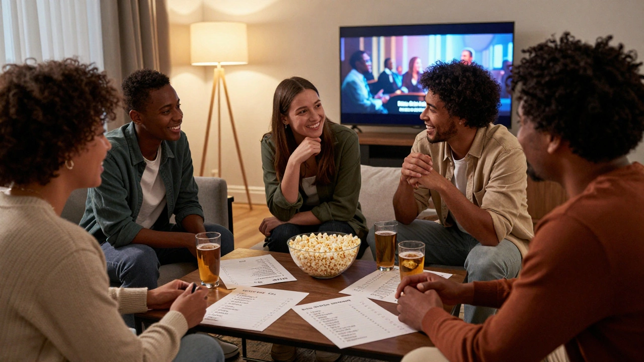 Friends in a cozy living room using prediction sheets to guess award winners.