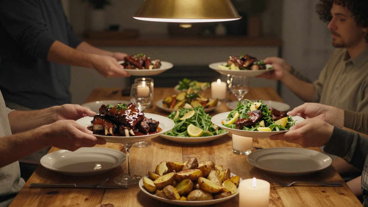 Friends sharing a family-style meal with braised ribs, salad, and roasted potatoes.