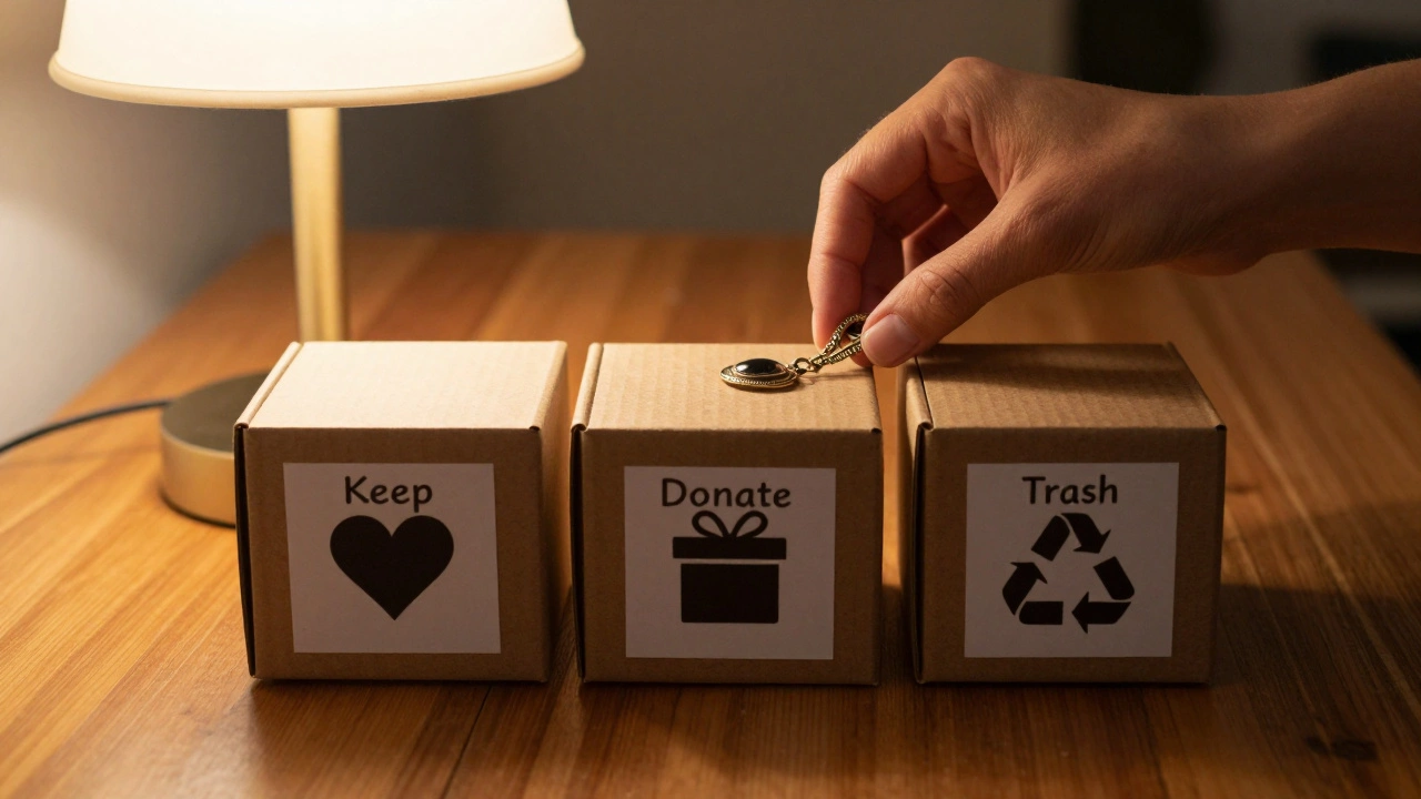 Hands deciding which box to place an item in among Keep, Donate, and Trash boxes