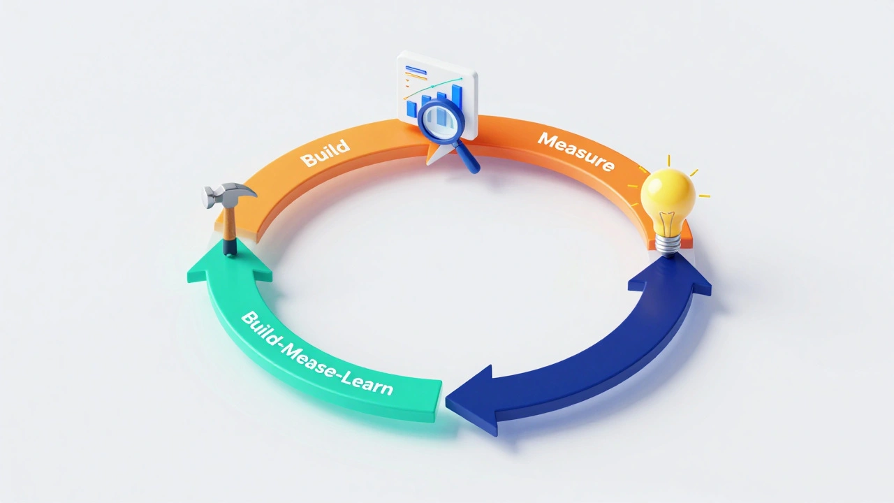 Isometric 3D diagram showing the Build-Measure-Learn loop with business icons.