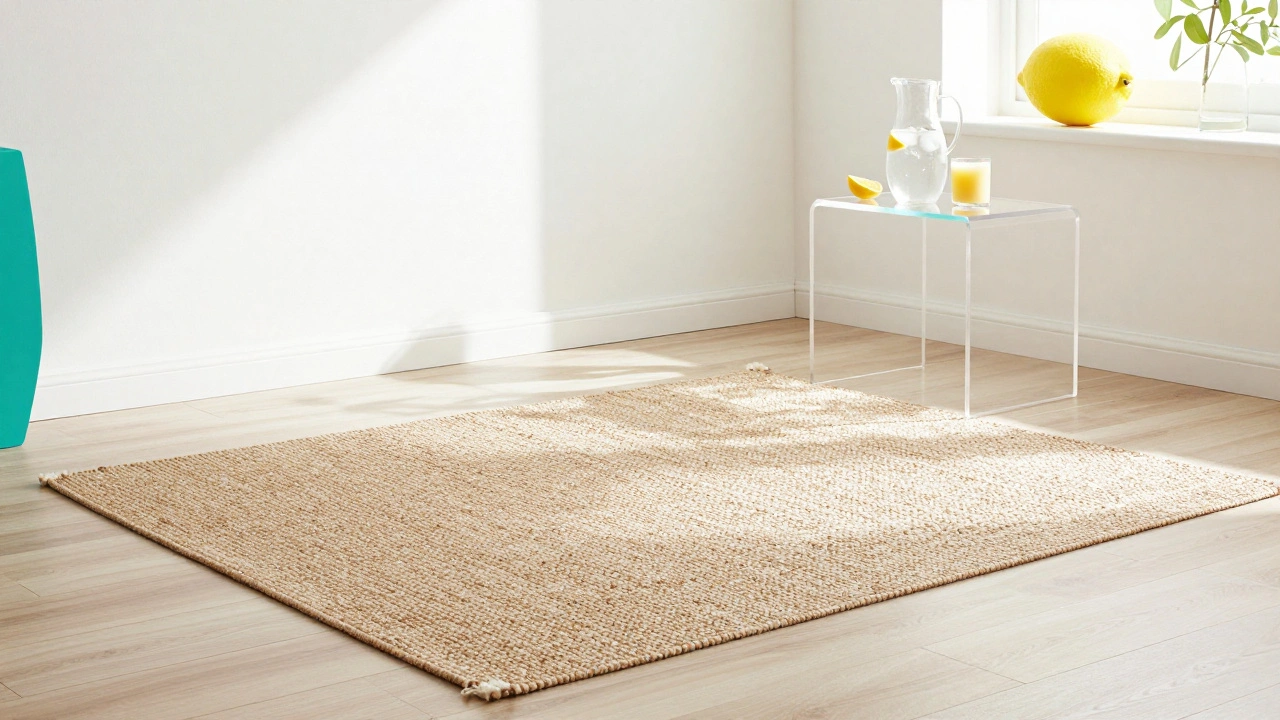 Minimalist summer room featuring a natural jute rug, white walls, and turquoise accents