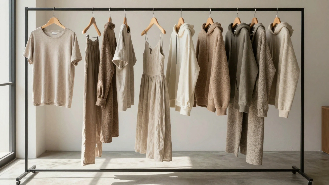 Organized clothing rack displaying various ethical fashion garments.