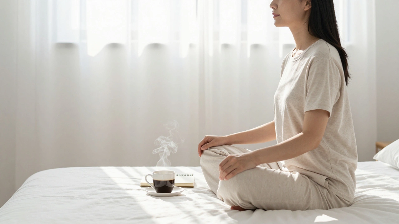 Peaceful woman meditating with coffee and a journal in a sunlit, minimalist room.