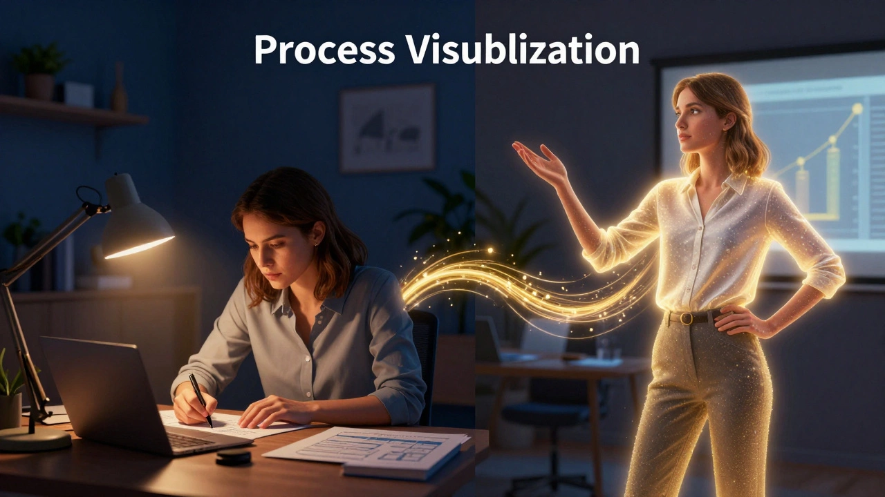 Split illustration showing a woman working hard at night and her successful future self leading a meeting