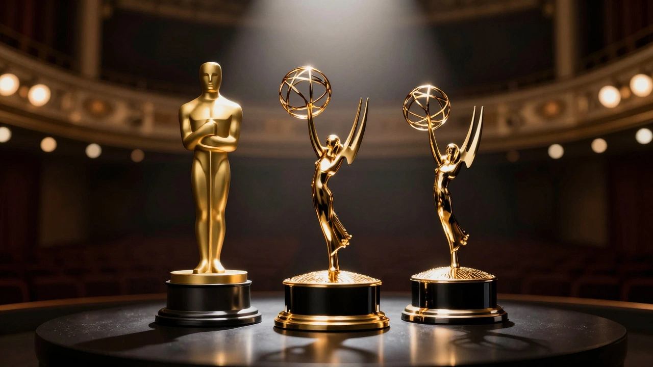 Three iconic gold trophies: an Oscar, an Emmy, and a Golden Globe on a reflective surface.