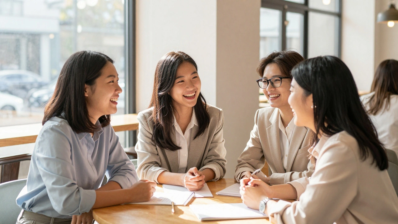 Three professional women sharing a supportive and honest conversation in a sunlit cafe.