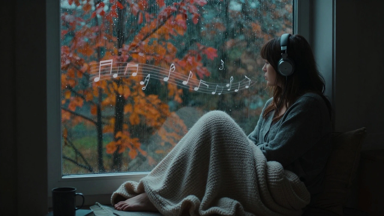 Woman curled up by a rainy window with headphones during autumn, looking melancholic.