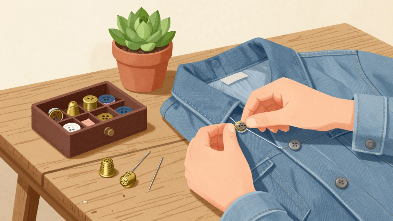 Woman repairing a denim garment with sewing tools on a table.