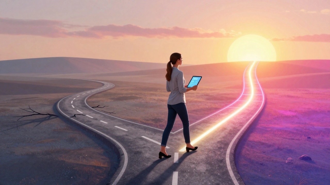 Woman stepping from a grey path toward a bright, glowing path symbolizing a business pivot.