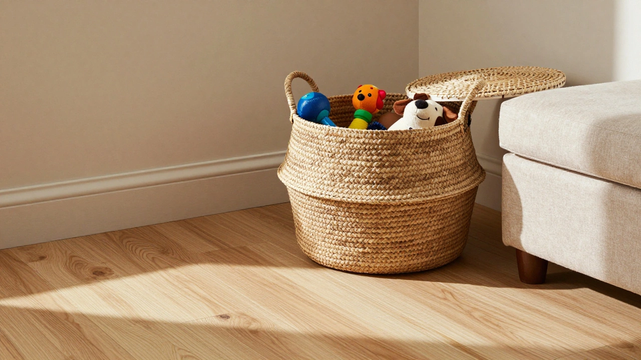 Woven seagrass baskets and an upholstered ottoman used to store pet toys on wood-look flooring