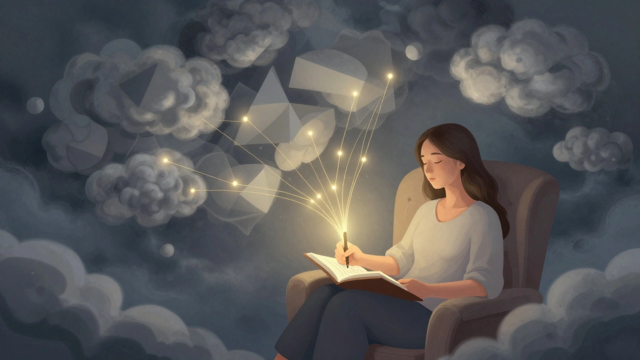 Abstract art of woman writing to transform chaotic thoughts into light