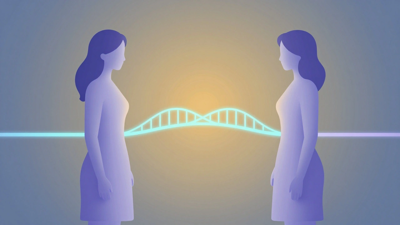 Abstract illustration of two figures connected by a glowing bridge of light and color.