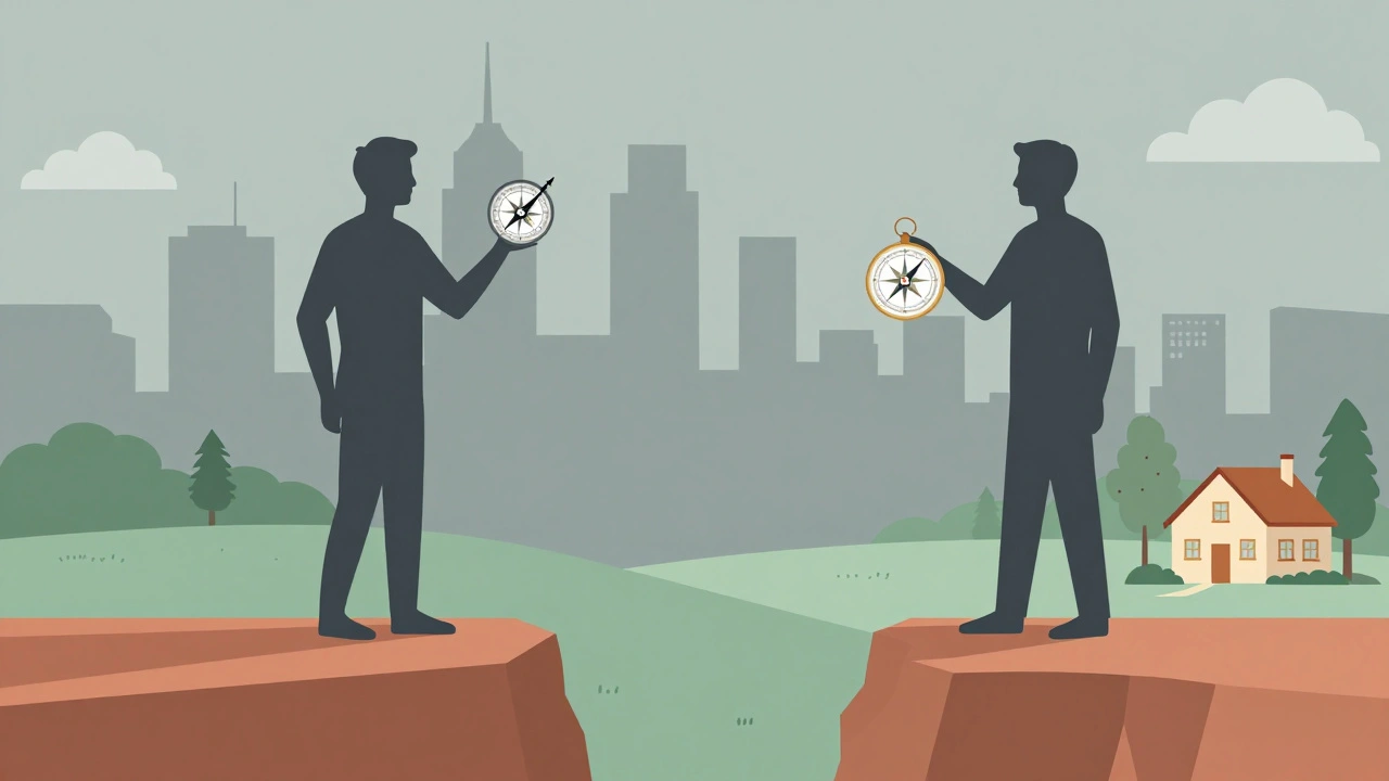 Abstract illustration of two people with opposing compasses symbolizing differing values