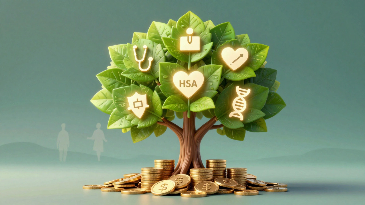Abstract tree of coins and medical icons symbolizing HSA tax-free growth.