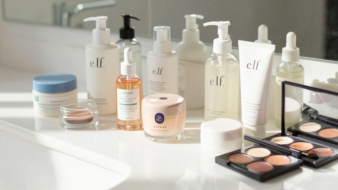 Bathroom counter displaying an array of certified cruelty-free skincare and makeup products.