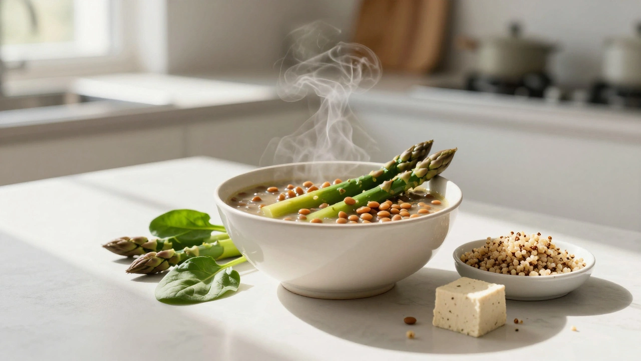 Bowl of lentil soup, asparagus, and quinoa representing nutrients for women in their 20s.