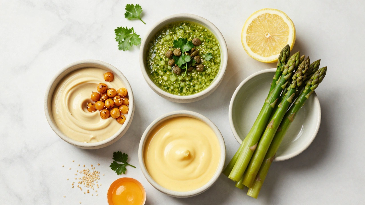 Bowl of tahini, salsa verde, and hollandaise sauce with fresh ingredients.