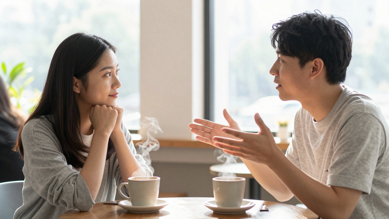 Close-up of two women laughing and talking during a sunny coffee date in a cafe.