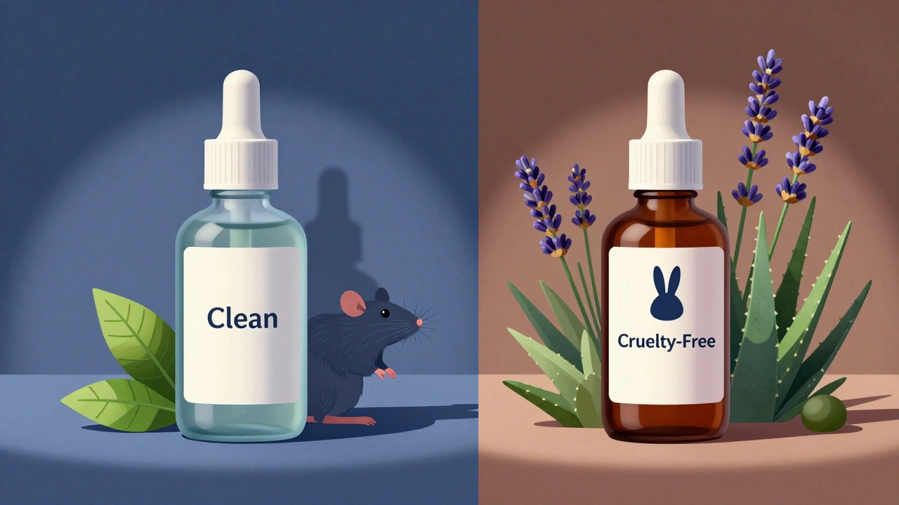 Conceptual art contrasting clean beauty claims with actual cruelty-free certification.