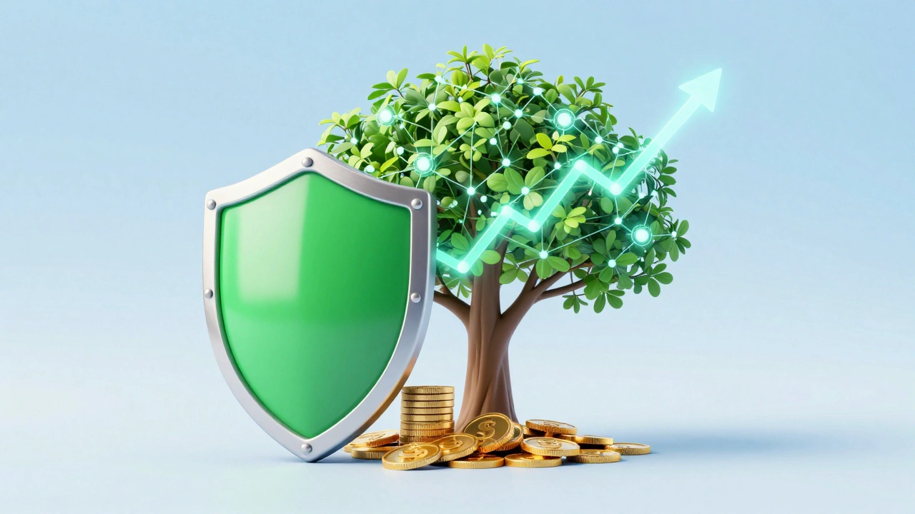 Conceptual art of financial security shield and growth tree