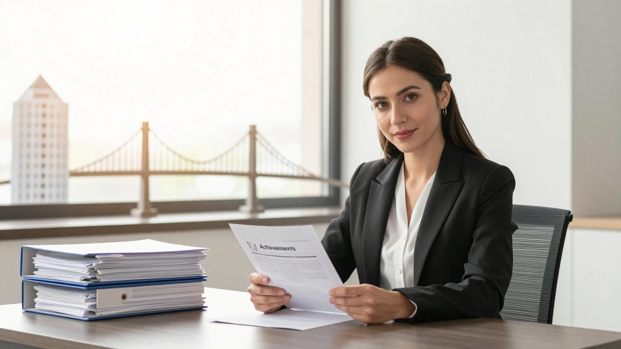 Confident professional woman reviewing achievements at her desk