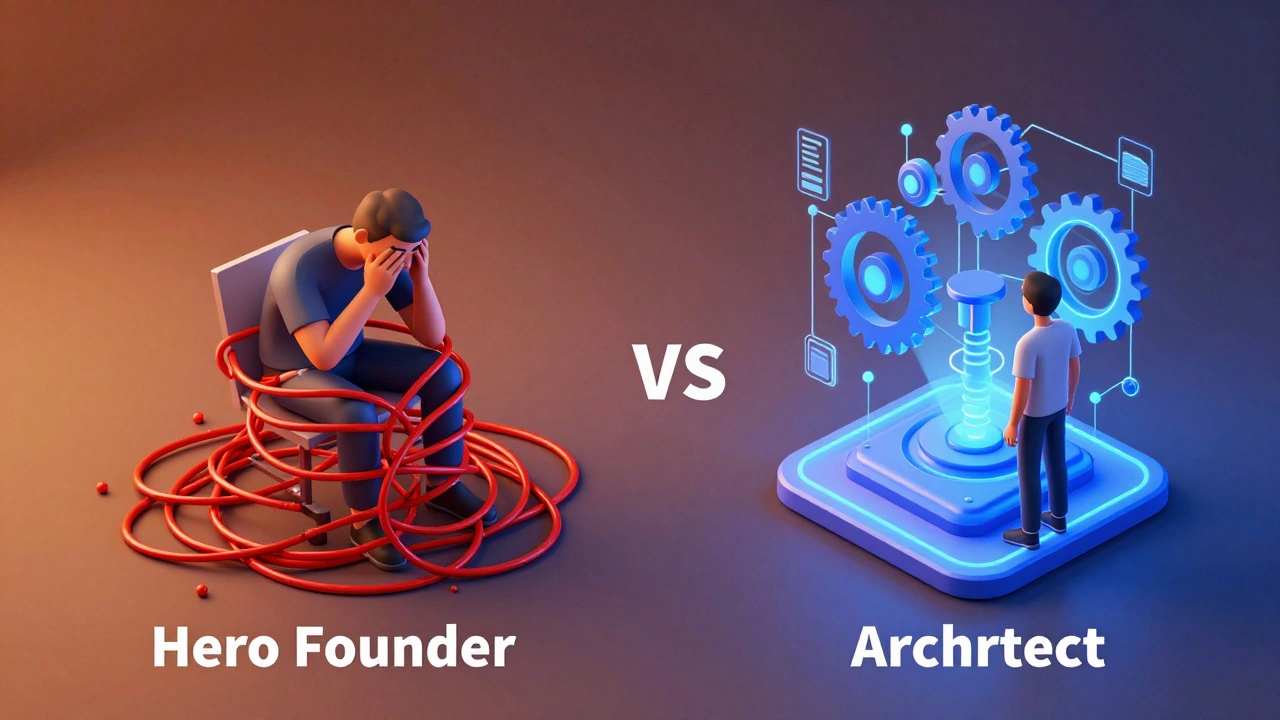 Contrast between a stressed founder tangled in chaos and an architect building a smooth system