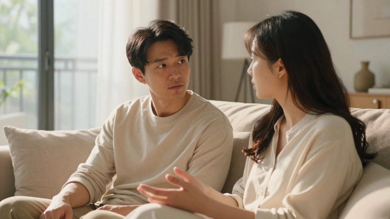 Couple having a calm, respectful conversation on a sunny living room sofa