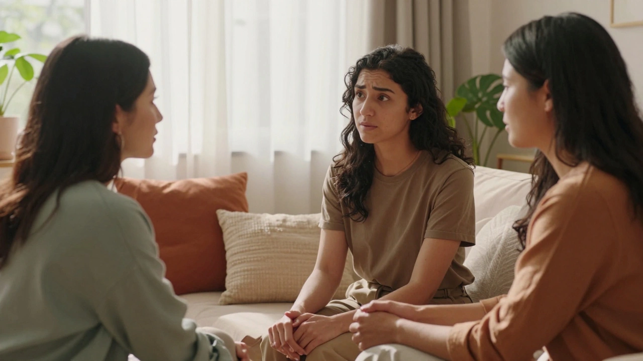 Diverse women sharing a supportive conversation in a warm, sunlit room.