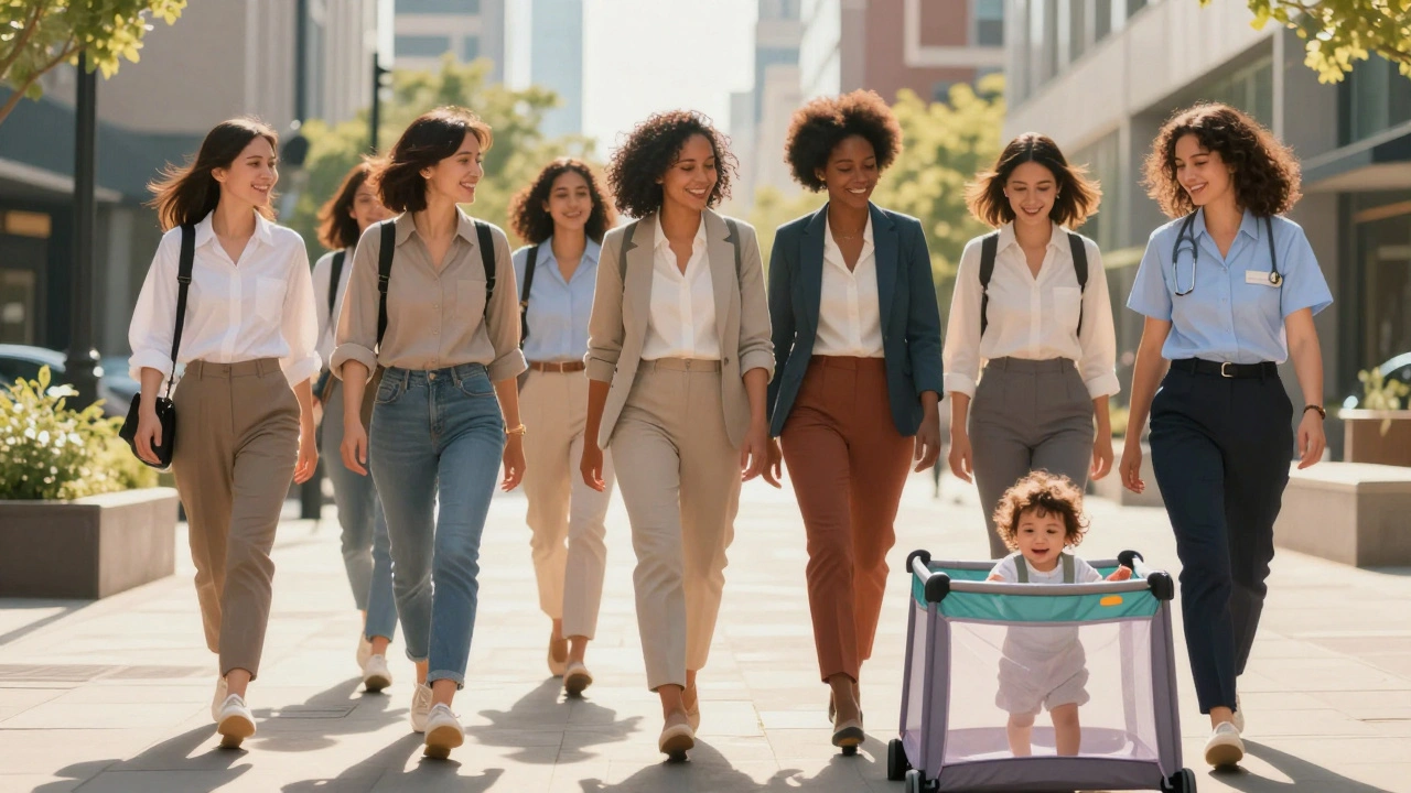 Diverse working women walking confidently with child care support in sunny city